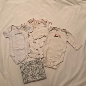 Bundle Of 3 Baby Onesies (3M) & 1 Swaddle Blanket